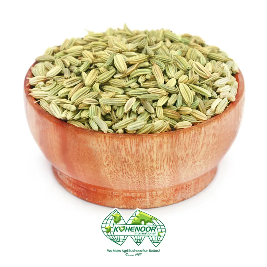 Bold green fennel seed (saunf), ridged and elongated, machine cleaned